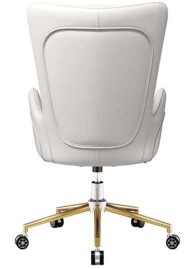 A white tufted desk chair with a high back and armrests, featuring a chrome and gold five-star base with casters. The seat and back are upholstered and appear to be button-tufted in a diamond pattern. It has a lever mechanism for height adjustment. — 3D model