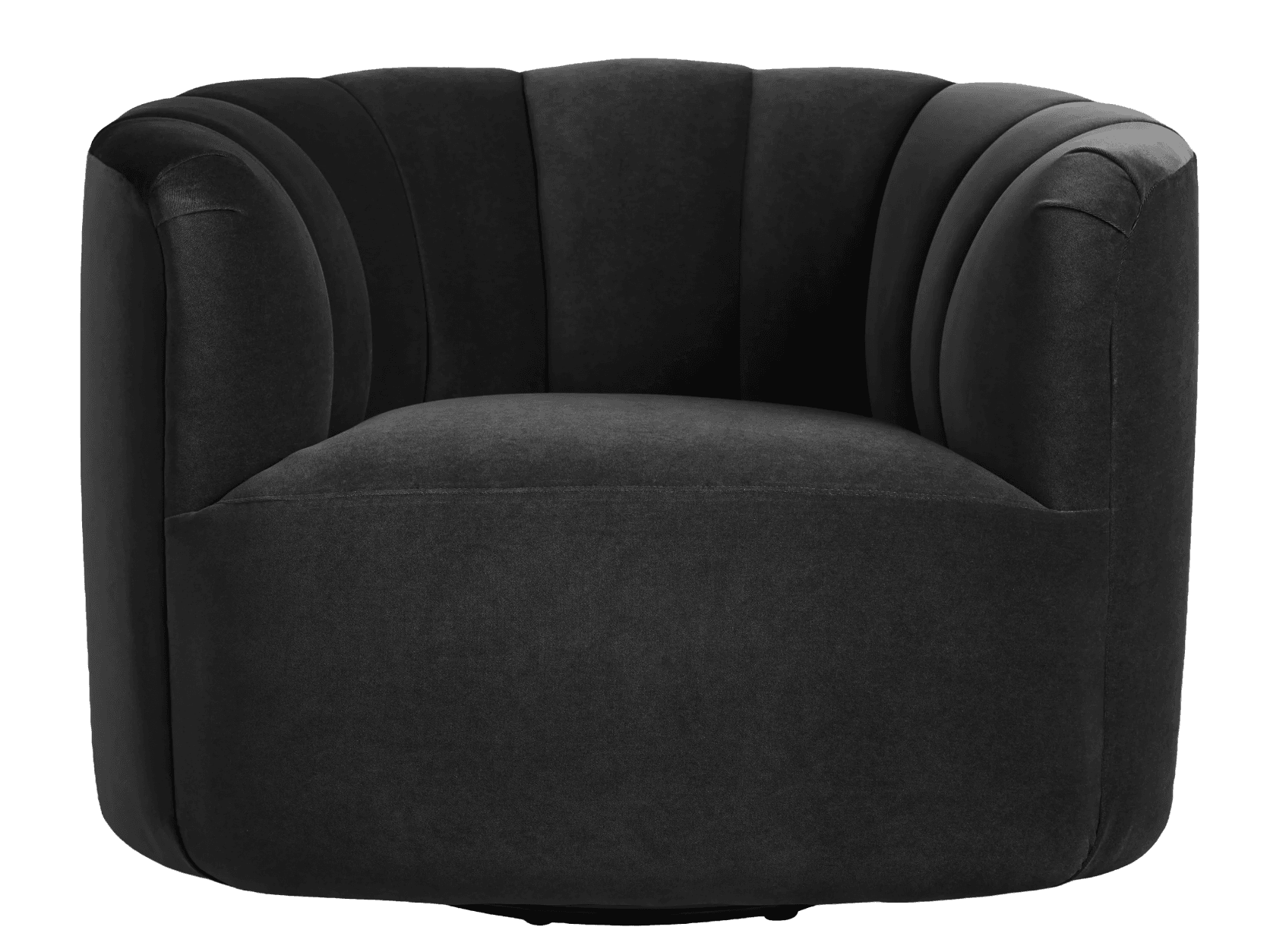 A black upholstered armchair with a curved back and arms. The backrest features vertical channel tufting, creating a fluted effect. The seat cushion is rounded and appears to be a single, plush piece. The overall design suggests a contemporary yet comfortable aesthetic. — 3D model