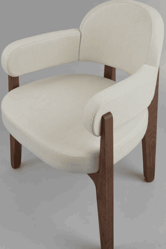 A contemporary armchair featuring an upholstered seat, backrest, and integrated armrests, all in a light, neutral fabric. The frame and legs are constructed from solid dark wood, likely walnut, with a smooth, tapered design. The chair exhibits clean lines and a comfortable, inviting aesthetic suitable for various modern interiors. — 3D model