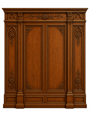 A decorative wooden wall panel with intricate carvings. The panel features a series of recessed sections bordered by raised molding. Prominent decorative elements include floral motifs, specifically roses and leaves, arranged in garlands and corner embellishments. The design exhibits a classical or baroque influence, with a strong emphasis on ornate detailing and symmetrical composition. The panel appears to be a standalone piece, possibly a section of a larger wall treatment or a decorative architectural element. — 3D model