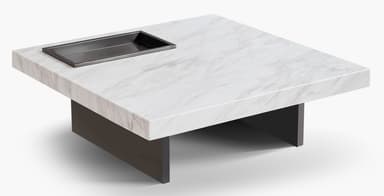 A contemporary square coffee table featuring a white marble or marble-look top with subtle grey veining. The tabletop incorporates a rectangular, dark-finished metal tray, recessed flush with the surface. It is supported by a low-profile, dark-colored plinth-style base, suggesting a minimalist and robust design. — 3D model