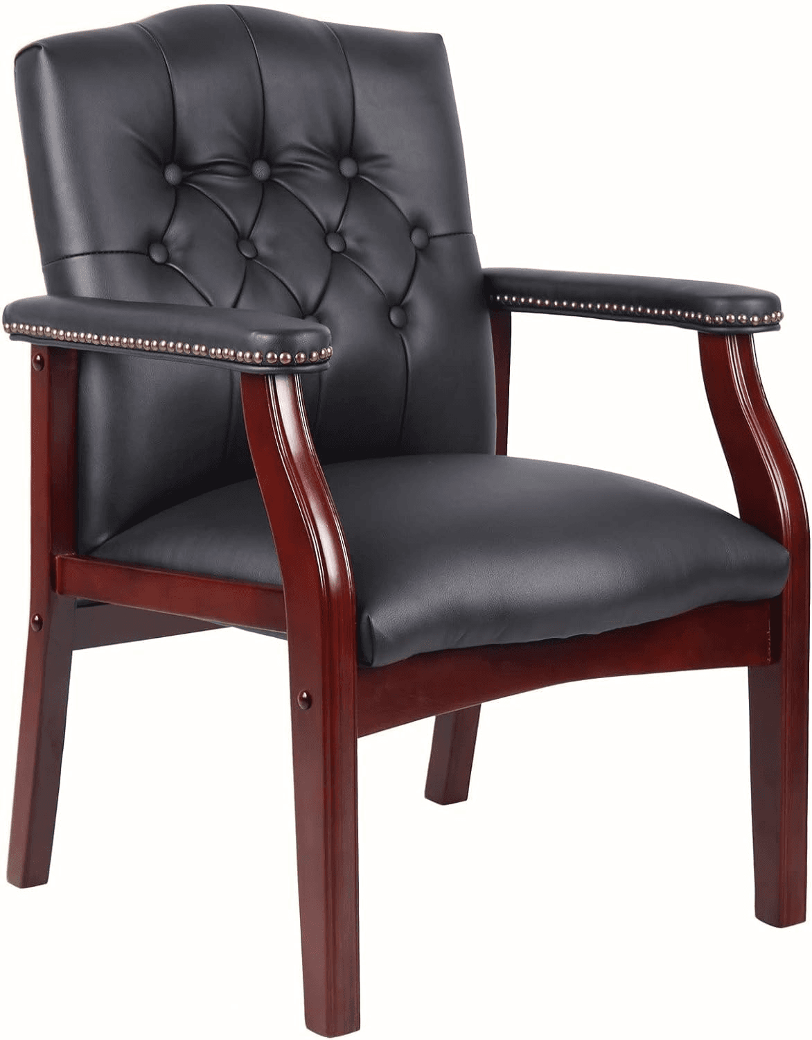 A traditional style armchair upholstered in black faux leather with a dark reddish-brown wooden frame. The backrest features button tufting, and the rolled armrests are accented with decorative brass nailhead trim. The chair has a cushioned seat and back, supported by straight wooden legs. — 3D model