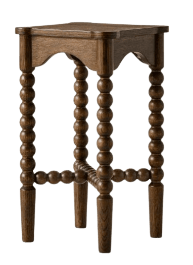 A wooden side table with a square top featuring rounded corners and a decorative apron. It stands on four legs, each adorned with a series of spherical beads, and connected by lower stretchers also composed of beads. The overall design has a vintage or traditional aesthetic. — 3D model