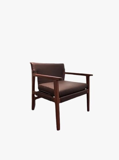 A mid-century modern armchair featuring a solid dark wood frame and dark brown leather upholstery. The chair has a minimalist design with straight lines, exposed wooden armrests, and subtly tapered legs. It includes separate seat and back cushions for comfort. — 3D model