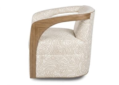 A modern barrel-shaped swivel chair featuring cream-colored upholstery with a light brown topographic map-like pattern. The chair has a rounded back and integrated arms, outlined by exposed light-toned wood trim. The base is concealed by the upholstery, suggesting a hidden swivel mechanism. — 3D model