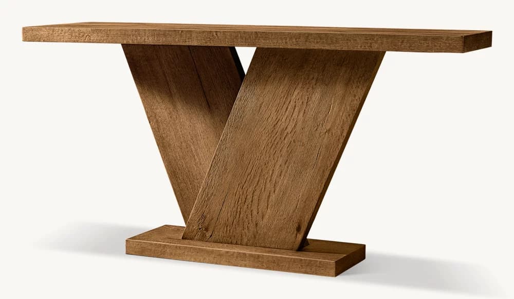 A modern console table crafted from solid wood, featuring a thick rectangular top supported by a distinctive V-shaped base that rests on a rectangular plinth. — 3D model