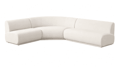 A contemporary curved modular sectional sofa upholstered in a light, textured fabric, likely boucle or similar. The sofa features a low-profile design with rounded edges and soft, plush forms. It consists of multiple independent modules that can be arranged to create various seating configurations, forming an L-shape in the depicted image. The base is subtly recessed, giving the sofa a floating appearance. — 3D model