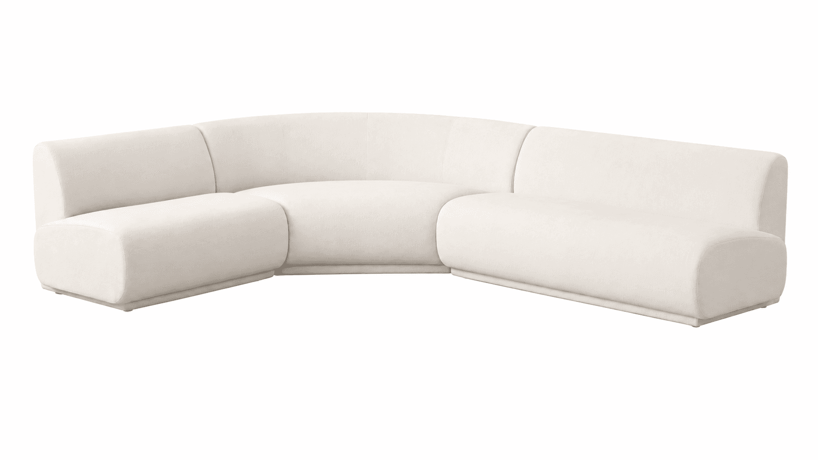 A contemporary curved modular sectional sofa upholstered in a light, textured fabric, likely boucle or similar. The sofa features a low-profile design with rounded edges and soft, plush forms. It consists of multiple independent modules that can be arranged to create various seating configurations, forming an L-shape in the depicted image. The base is subtly recessed, giving the sofa a floating appearance. — 3D model
