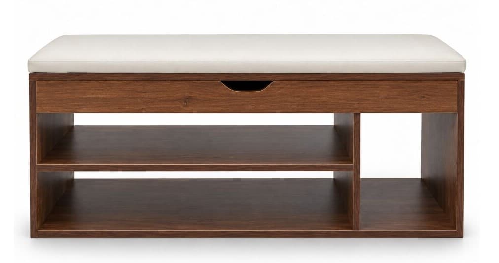 A dark brown wooden entryway storage bench featuring a white cushioned top for comfortable seating. The bench includes a single drawer with a recessed pull handle and two open compartments below, one with an internal shelf, designed for shoe storage or other items. The overall design is functional and contemporary. — 3D model