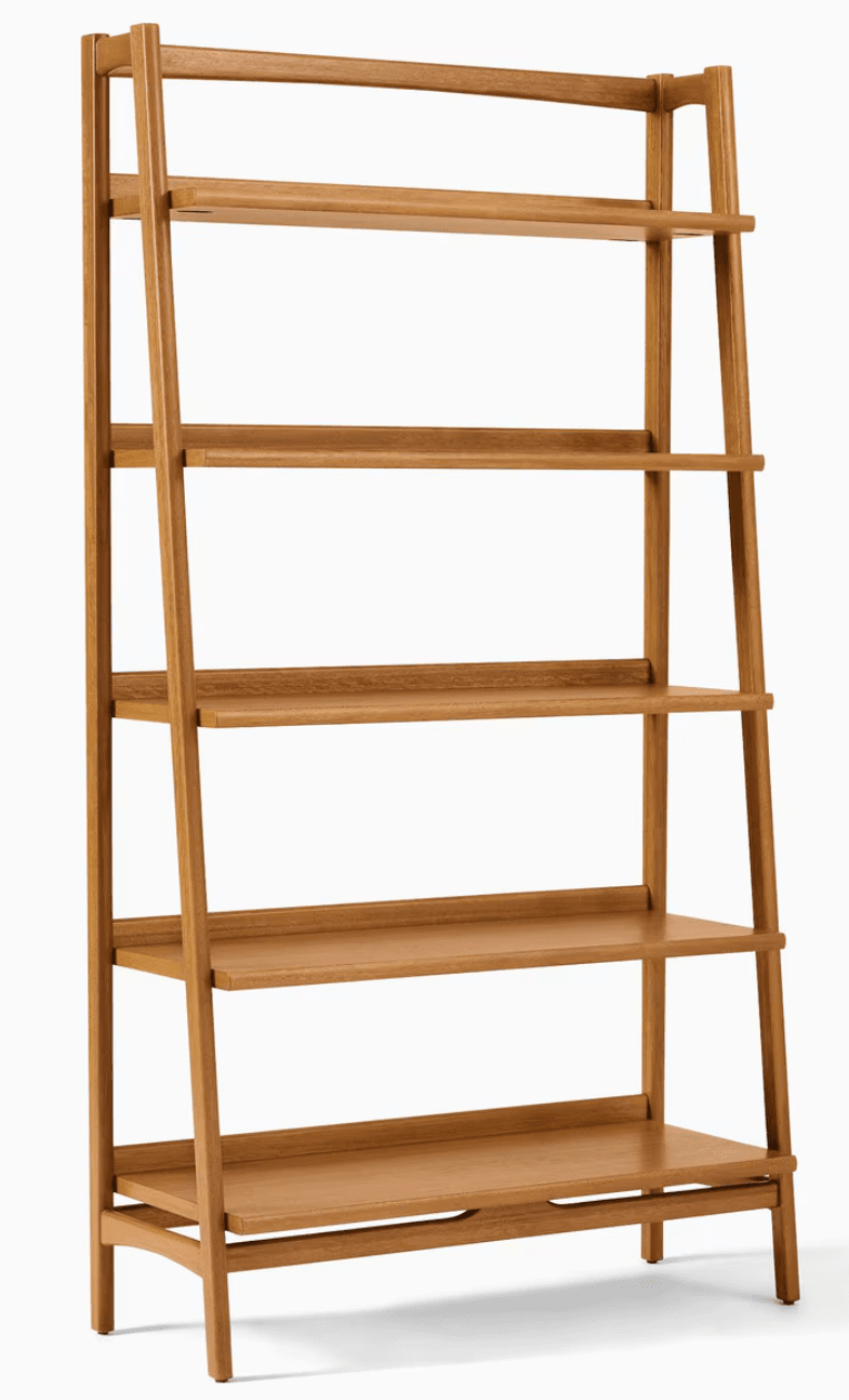 A modern freestanding bookshelf with an A-frame, ladder-style design, featuring five graduated shelves made from natural-finished wood. — 3D model