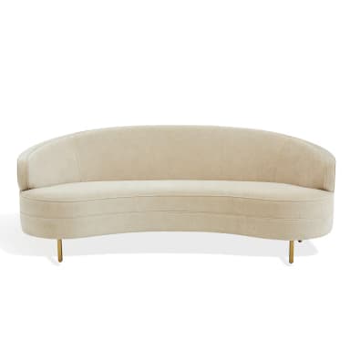 A contemporary curved sofa, viewed from the back, featuring a continuous rounded silhouette. It is upholstered in a light, neutral-toned fabric, possibly a boucle or similar textured material. The sofa is supported by four slender, tapered metal legs with a brass or gold finish, providing a minimalist and elegant foundation. — 3D model