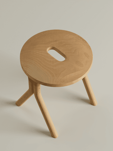 A modern stool crafted from light-toned natural wood, featuring a circular seat with an integrated elliptical handle. It is supported by three splayed legs that provide a stable base and contribute to its minimalist aesthetic. The wood has a smooth finish, highlighting its natural grain. — 3D model