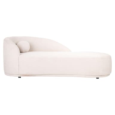A modern chaise lounge with a curved backrest and a rolled armrest on the left side. It features a rounded form and is upholstered in a textured fabric. A small, cylindrical bolster pillow is positioned on the left side of the chaise. — 3D model
