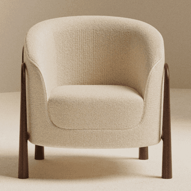 A contemporary accent armchair featuring a rounded, upholstered body covered in a cream-colored, textured boucle-like fabric. The chair has exposed dark wood elements that form the armrests and extend downwards to become the tapered legs. The design emphasizes soft curves and a minimalist aesthetic. — 3D model