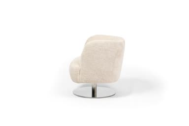 A swivel armchair with a rounded, upholstered shell and a polished metal circular base. The upholstery has a textured, boucle-like appearance. The chair is viewed from the side. — 3D model