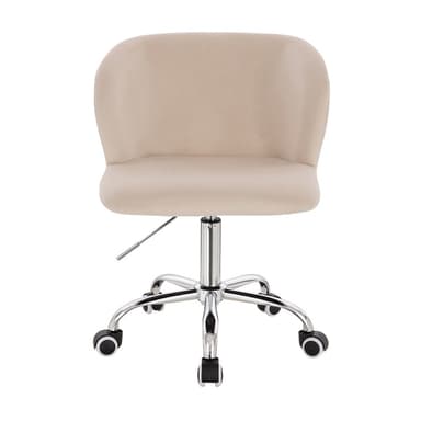A modern office chair with a padded backrest and seat, featuring a chrome-plated five-star base with caster wheels for mobility. The chair is upholstered in a light beige fabric and has a pneumatic height adjustment lever. — 3D model