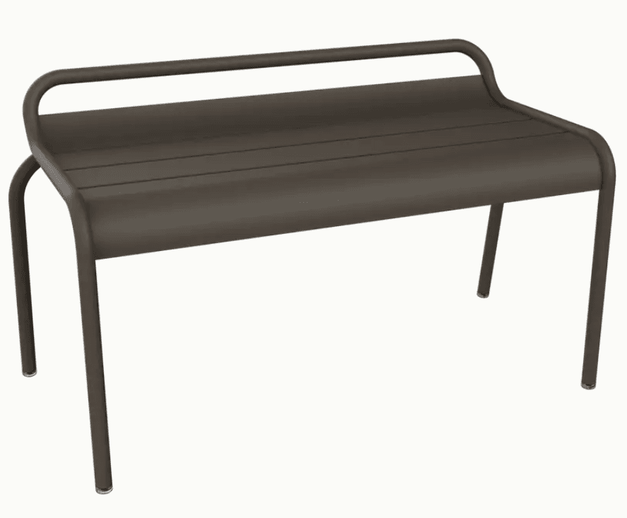 A modern bench with a continuous frame that forms the legs, seat support, and backrest. The seat is composed of horizontal slats and has a slight curve. The backrest is a simple, curved bar. The overall design is minimalist and appears to be suitable for outdoor use. — 3D model