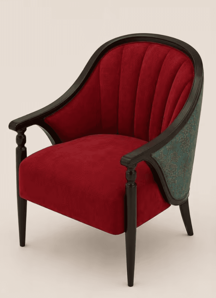 An armchair with a dark wood curved frame, featuring deep red velvet upholstery on the interior and a teal patterned fabric on the exterior back. The backrest is channel-tufted. — 3D model