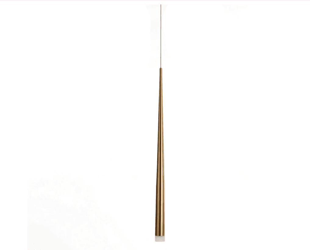 A minimalist pendant light featuring a long, slender, conical body crafted from a metallic, brass-toned material. It is suspended by a thin wire and has a small, translucent light source at its tapered bottom tip. — 3D model