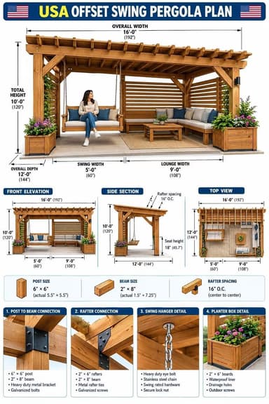 An aerial view of an outdoor living area featuring a light-toned wooden pergola structure. Beneath the pergola is an L-shaped sectional sofa with off-white cushions and blue/white throw pillows, a matching rectangular wooden coffee table, and a wooden swing bench with a light cushion. The area is laid out on a light-colored patio surface with a woven natural fiber rug under the seating. Several wooden planters with greenery and flowering plants are placed around the perimeter. — 3D model