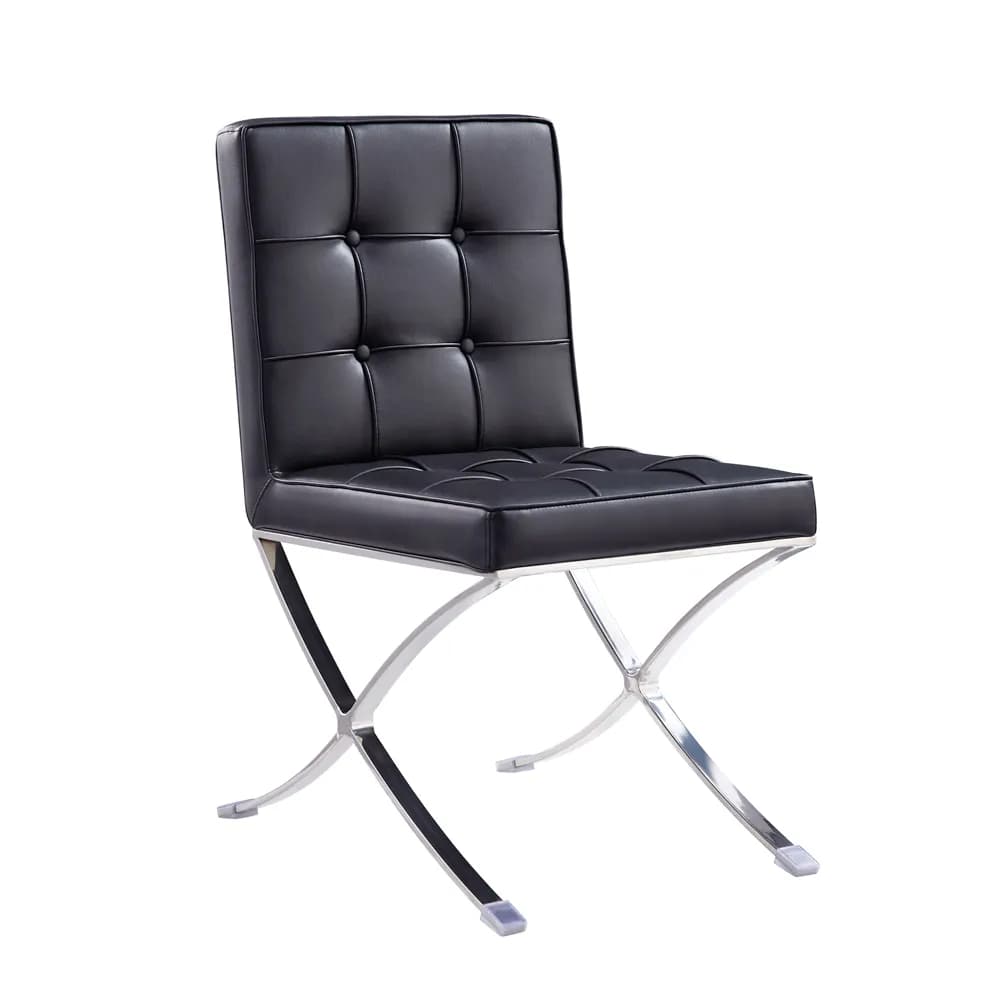 A modern accent chair featuring black tufted leatherette upholstery and a polished chrome X-frame base. The seat and backrest are rectangular with deep button tufting creating a grid pattern. The chrome base consists of two interlocking 'X' shapes, providing a stable and visually striking foundation for the chair. — 3D model