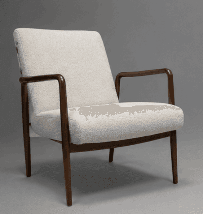 A mid-century modern style lounge chair featuring a visible wooden frame, curved armrests, and plush, textured cream-colored upholstery. — 3D model