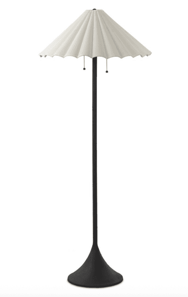 A modern floor lamp featuring a pleated, scalloped white fabric shade supported by a slender dark-colored pole. The pole is anchored by a matching dark, conical base. The shade includes a pull-chain switch. — 3D model