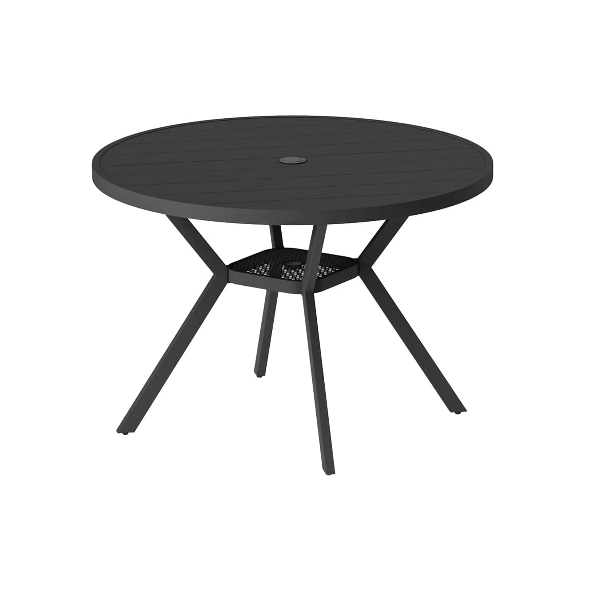A dark gray round outdoor table featuring a slatted tabletop and a central umbrella hole. The base consists of four splayed legs connected by a perforated square shelf. — 3D model