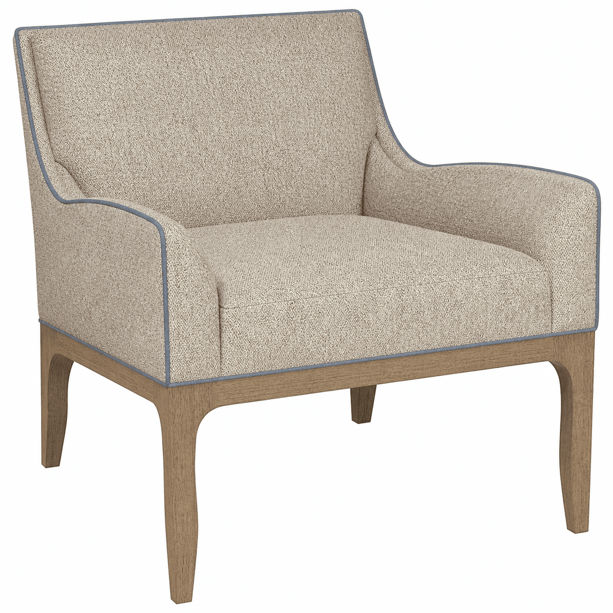 A contemporary armchair with a high back and upholstered arms. The chair features a textured, woven fabric in a light neutral tone, accented by a thin, contrasting blue piping along the edges of the upholstery. The base consists of four tapered wooden legs with a natural wood finish, supporting a visible wooden frame around the seat. — 3D model