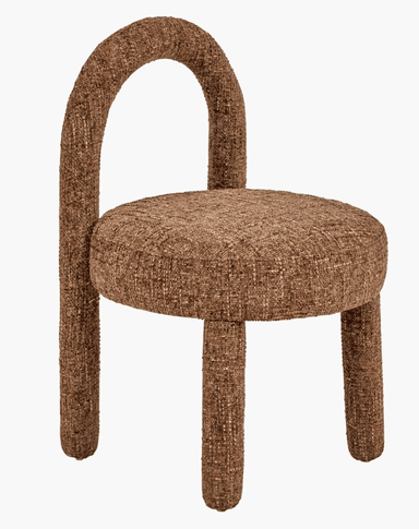 A single contemporary chair featuring an arch-shaped backrest, a thick rounded seat, and four cylindrical legs, all seamlessly upholstered in a textured, multi-tonal brown fabric. — 3D model