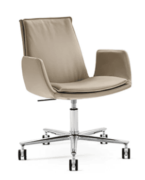 A modern upholstered swivel office chair featuring a sleek design with integrated armrests and a five-star base with casters. The chair is covered in a light beige or taupe leather-like material, and the base is made of polished metal, likely chrome or aluminum. It appears to have a gas lift for height adjustment. — 3D model