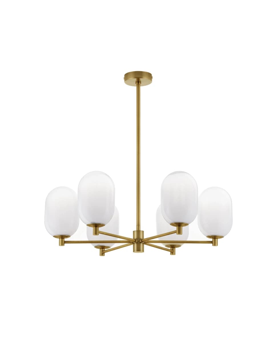 A contemporary chandelier featuring a satin brass frame with six radiating arms, each supporting an elongated, capsule-shaped opal glass shade, suspended by a single downrod from a circular ceiling canopy. — 3D model