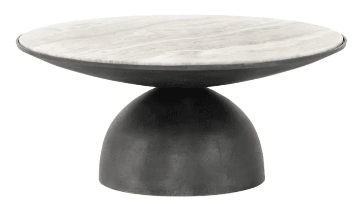 A modern coffee table featuring a round, white and grey marble top set into a dark, shallow metal tray-like rim, supported by a substantial, dome-shaped metal pedestal base. The design is sleek and contemporary. — 3D model