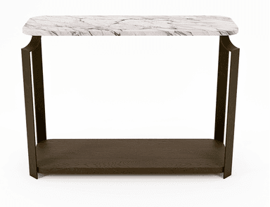 A dark, round-topped side table with a raised rim. It is supported by a central pedestal that splits into three legs. The legs have an angular, somewhat abstract design, tapering to a point at the floor. The overall aesthetic is modern and industrial. — 3D model