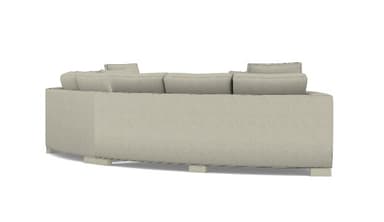 A contemporary, generously sized curved sectional sofa, upholstered in a light-colored, possibly off-white or beige, textured fabric. The sofa features a sweeping, semicircular form with wide, flat arms and five distinct seating sections. Each section has a loose seat cushion and a loose back cushion, accompanied by additional throw pillows at the ends. The sofa rests on dark, low-profile block feet, contributing to a clean, modern aesthetic. — 3D model