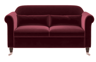 A traditional two-seater loveseat upholstered in deep burgundy velvet. It features classic rolled arms, two loose seat cushions, and two loose back cushions. The frame rests on short, dark wooden legs, with the front legs terminating in brass caster wheels for mobility. The overall design suggests a classic or Victorian-inspired aesthetic. — 3D model
