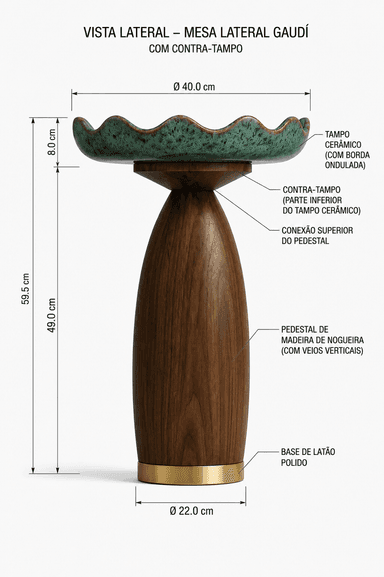A stylish pedestal side table featuring a distinctive wavy-edged ceramic top in a speckled green finish, supported by a robust walnut wood pedestal with vertical grain. The pedestal tapers gracefully from its top connection to a polished brass base ring. The design, named 'Gaudi', suggests an organic and architectural influence. Dimensions are clearly indicated, showing a total height of 59.5 cm, a top diameter of 40.0 cm, and a base diameter of 22.0 cm. — 3D model