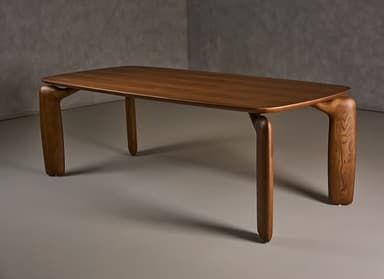 A low, rectangular bench crafted from dark-toned solid wood, likely walnut. It features a thick, smoothly finished top with softly rounded edges. The most striking design element is its four sculptural, curvilinear legs that appear to flow seamlessly from the underside of the bench top, creating an organic and monolithic form. The legs are wide and substantial, tapering slightly before flaring at the base, providing stable support. The overall aesthetic is minimalist yet impactful, highlighting the natural beauty and grain of the wood. — 3D model