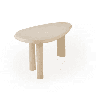 A low-profile coffee table with a freeform, organic-shaped top and three cylindrical legs. The table has a light, neutral color and appears to be made of wood. — 3D model