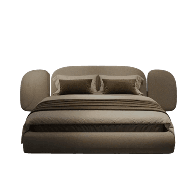 A contemporary upholstered platform bed featuring a low-profile frame and a distinctive, organically shaped headboard with integrated side bolsters. The bed is covered in a light beige or taupe fabric, creating a soft, inviting aesthetic. The headboard curves gently upwards and extends to form rounded, supportive bolsters on either side, providing a cozy enclosure. The bedding shown includes light neutral tones with a brown throw blanket and accent pillows. — 3D model