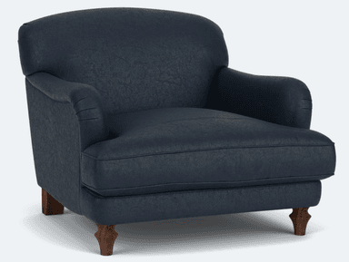 A dark blue upholstered armchair featuring a rounded back, rolled arms, and a single seat cushion, supported by four short, turned wooden legs. — 3D model