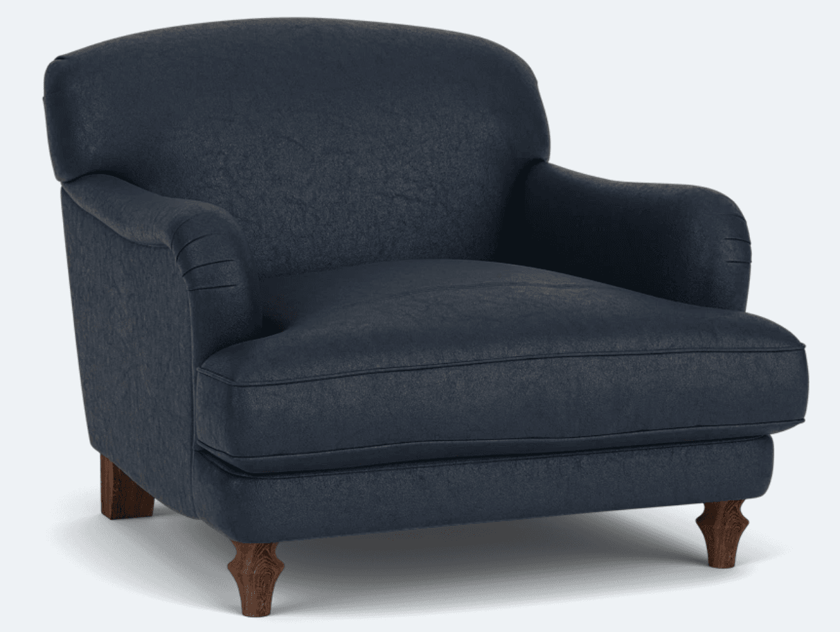 A dark blue upholstered armchair featuring a rounded back, rolled arms, and a single seat cushion, supported by four short, turned wooden legs. — 3D model