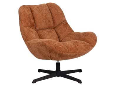 A contemporary lounge chair upholstered in a textured terracotta-colored fabric, featuring a deeply padded and ribbed seat and backrest, mounted on a sleek black four-star swivel base. — 3D model