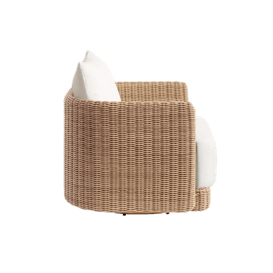 A plush armchair with a woven wicker base and frame, featuring thick, cream-colored cushions for the seat and back. The armchair appears to have a swivel base. — 3D model