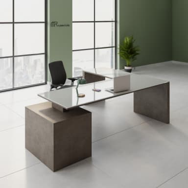 An L-shaped contemporary executive desk featuring a sleek, white tabletop surface that appears to float above a substantial, monolithic base structure. The base has a dark gray, concrete-like finish, providing a striking contrast to the bright, smooth desktop. — 3D model