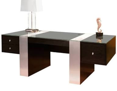 A large, modern executive desk featuring a dark brown wood body, a rectangular glass top with central lighter-colored accent strips, and two integrated two-drawer storage units. The desk is supported by two broad metallic leg panels and has a cable management grommet on its surface. — 3D model