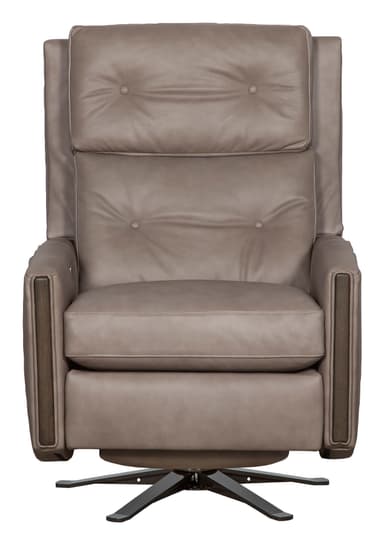 A modern swivel recliner upholstered in taupe-colored leather. The chair features tufted back cushions and seat, with padded armrests. It has distinct wooden accents on the sides of the armrests. The base is a dark-colored, star-shaped swivel mechanism. — 3D model