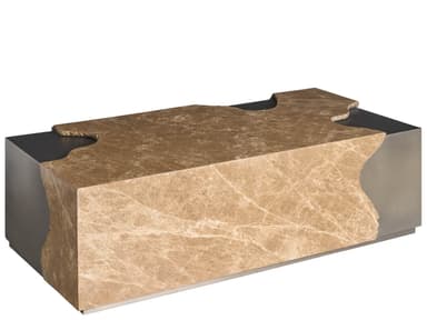 A modern sculptural coffee table featuring a dominant block of veined brown marble, accented with irregular cut-outs revealing a dark surface and a contrasting silver-grey base/side. The design emphasizes natural materials and organic forms. — 3D model