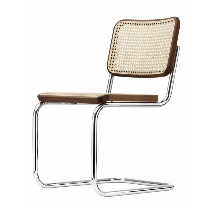 A modernist cantilever chair featuring a polished tubular chrome frame and a seat and backrest made from dark-stained wood frames with woven cane inserts. The chair exhibits a sleek, minimalist aesthetic with its characteristic bent metal frame that forms both the base and supports for the seat and back. — 3D model