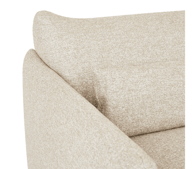 A close-up view of an upholstered sofa section, characterized by its light beige, textured fabric. The image shows a seat cushion, a plush back cushion, and a low, wide armrest, suggesting a comfortable and modern design. The fabric has a subtle woven pattern, giving it depth and visual interest. — 3D model